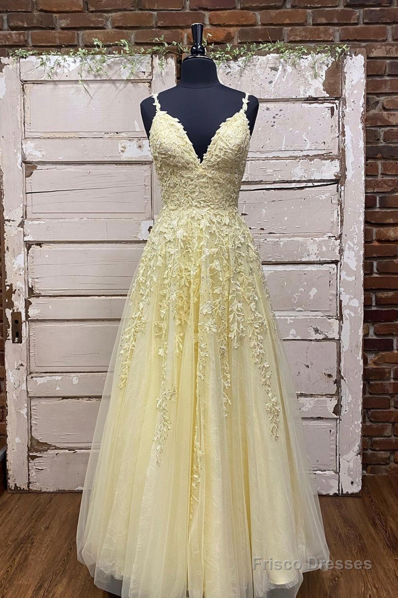 Yellow V-Neck Lace Long Prom Dress, A-Line Evening Dress Main image