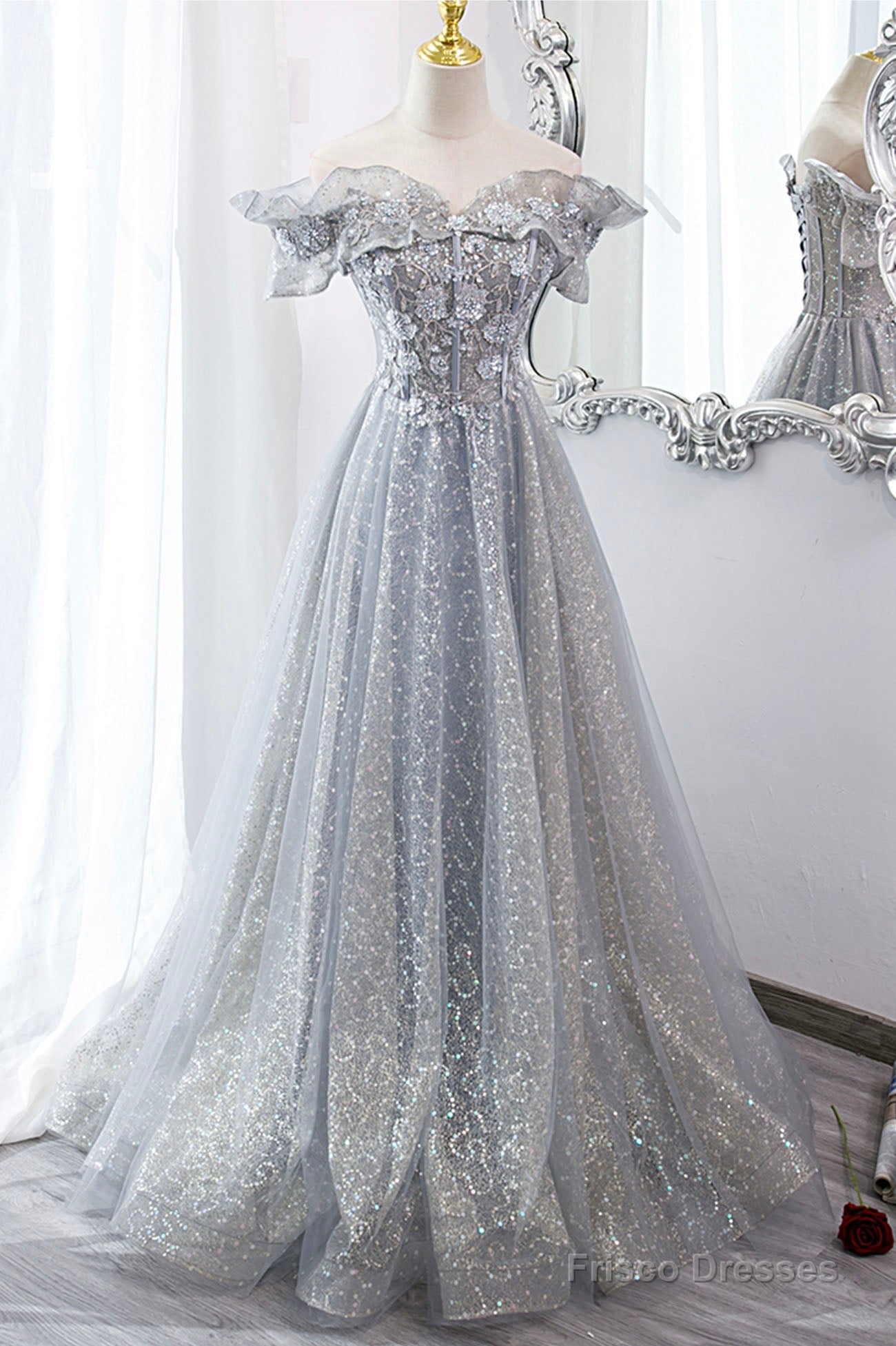 Gray Tulle Lace Long Prom Dresses, A-Line Sequins Evening Dresses Main image