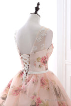 Pink Floral Pattern Lace Long Prom Dress, A-Line Formal Dress