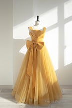 Yellow Satin Tulle Long Prom Dress, A-Line Evening Dress with Bow
