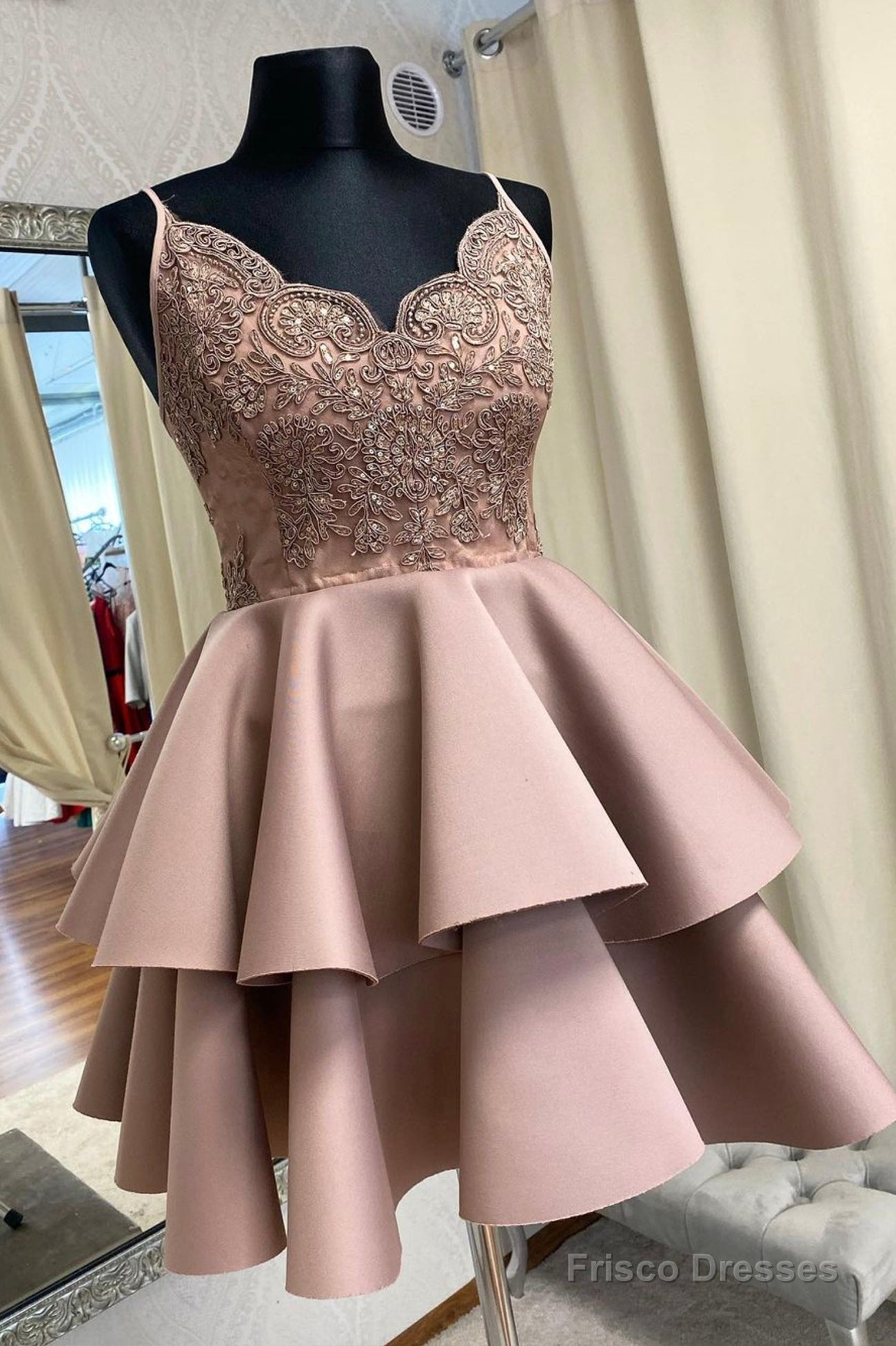 A-Line Satin Lace Short Prom Dress, Cute Lace Party Dress Main image