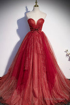 Burgundy Sweetheart Neckline Tulle Long Prom Dress, A-Line Evening Dress