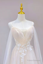 Champagne Tulle Long Prom Dress, Lovely Lace Formal Evening Dress