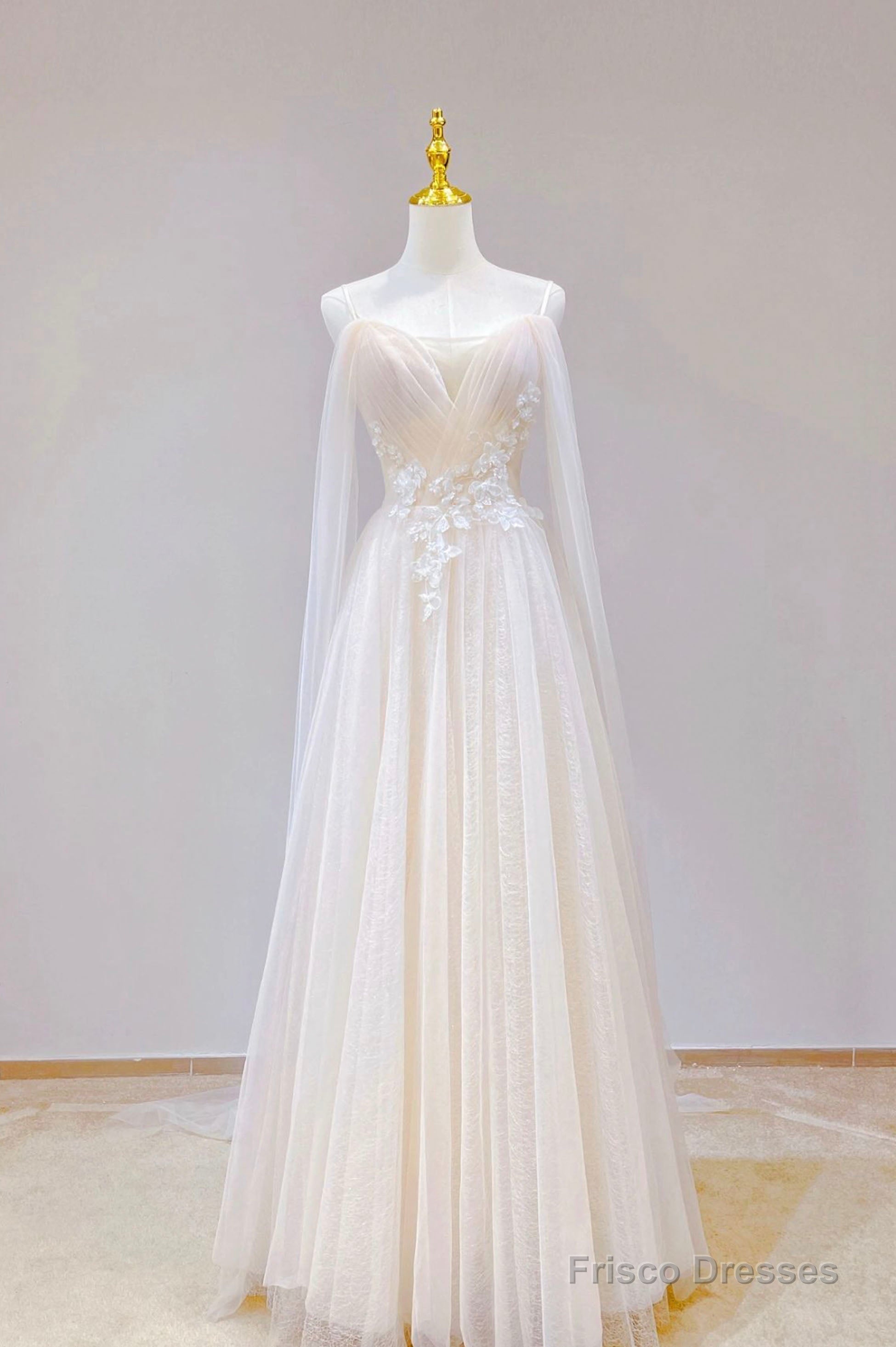 Champagne Tulle Long Prom Dress, Lovely Lace Formal Evening Dress Main image