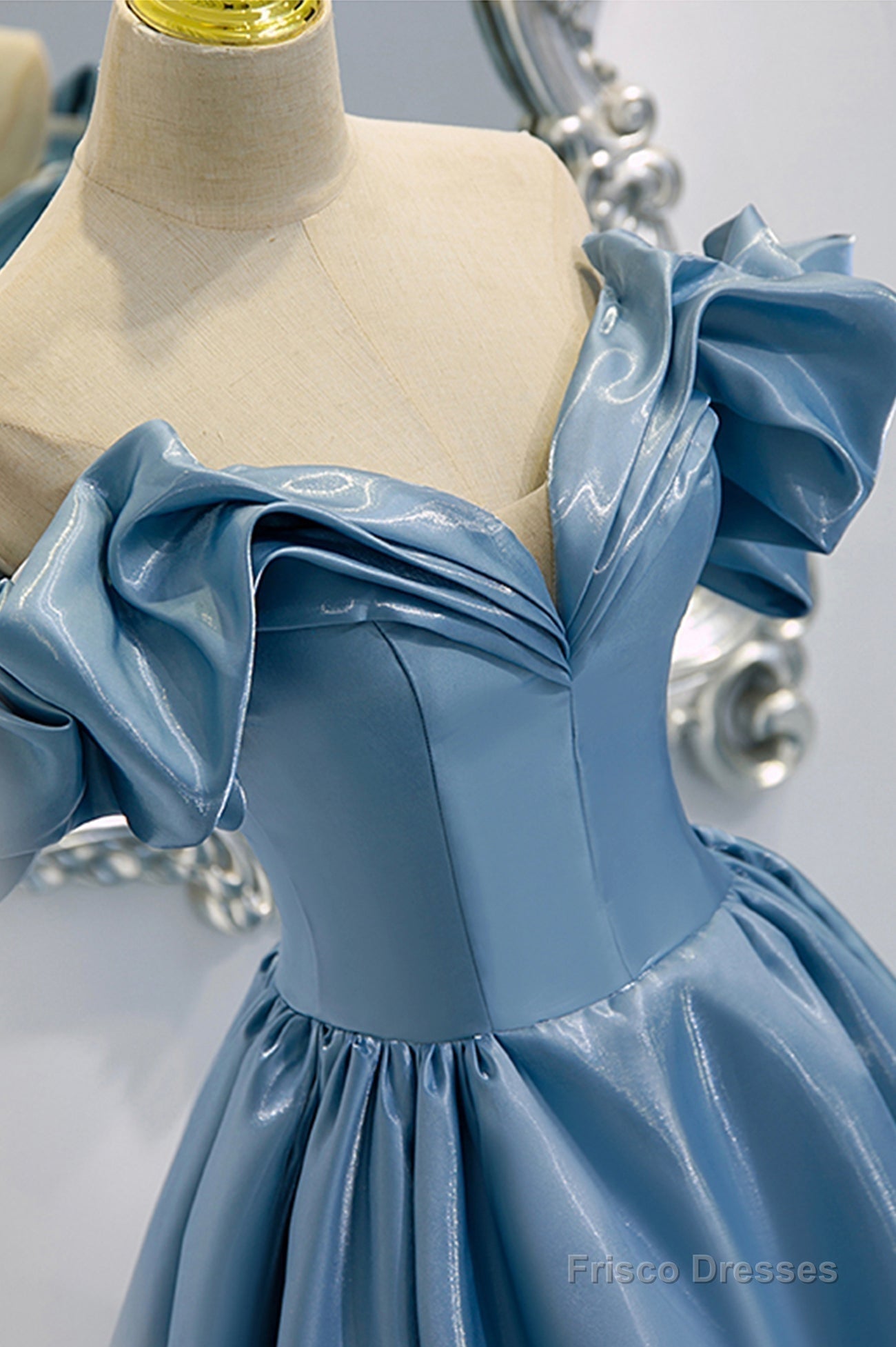 Blue V-Neck Satin Long Prom Dress, Off the Shoulder Evening Dress Secondary image