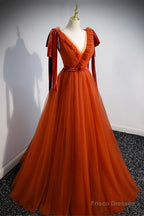 Simple V-Neck Tulle Long Prom Dress, A-Line Formal Evening Dress