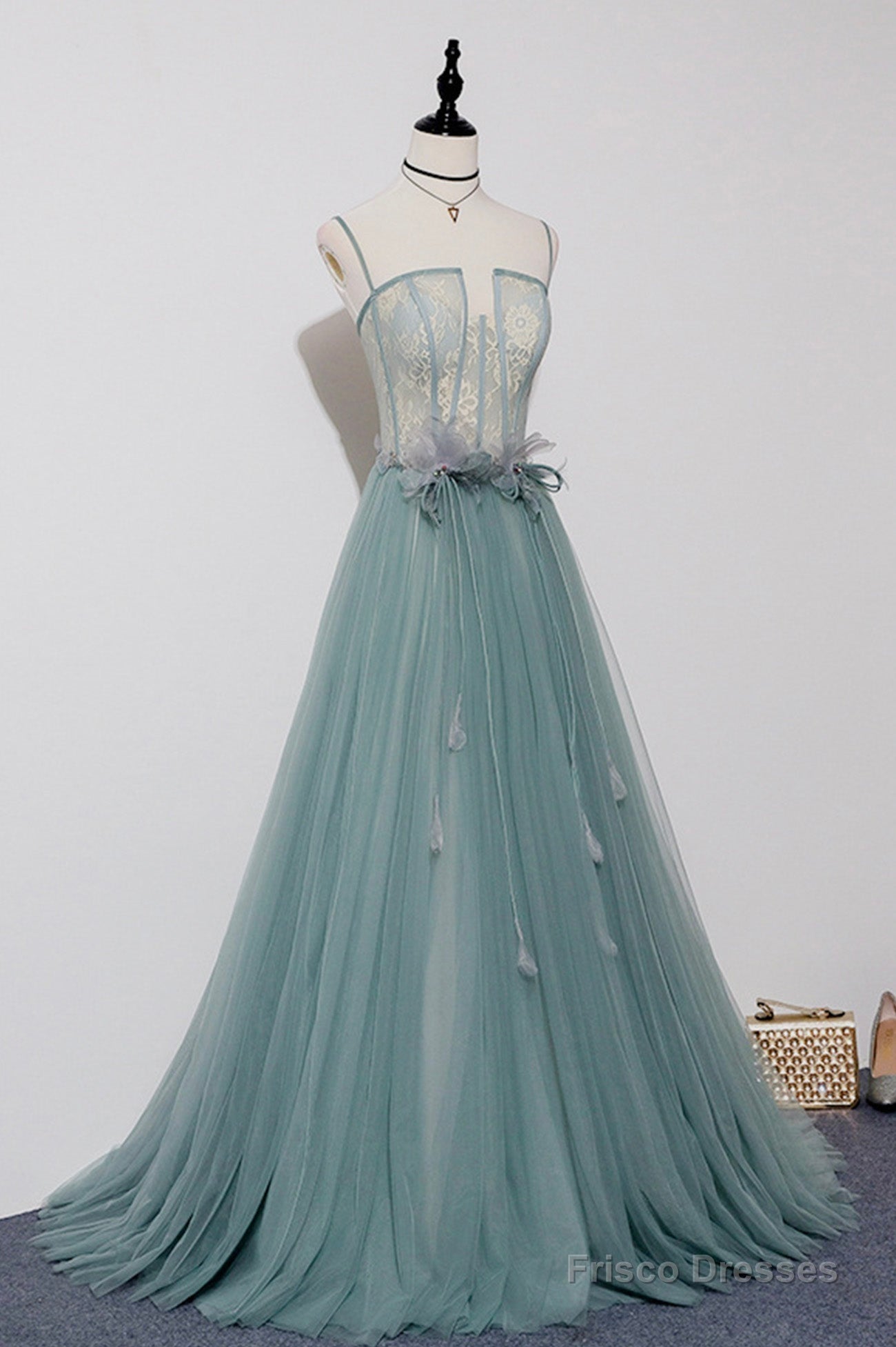 Green Lovely Tulle Straps Long A-Line Prom Dresses, Green Evening Dresses Secondary image