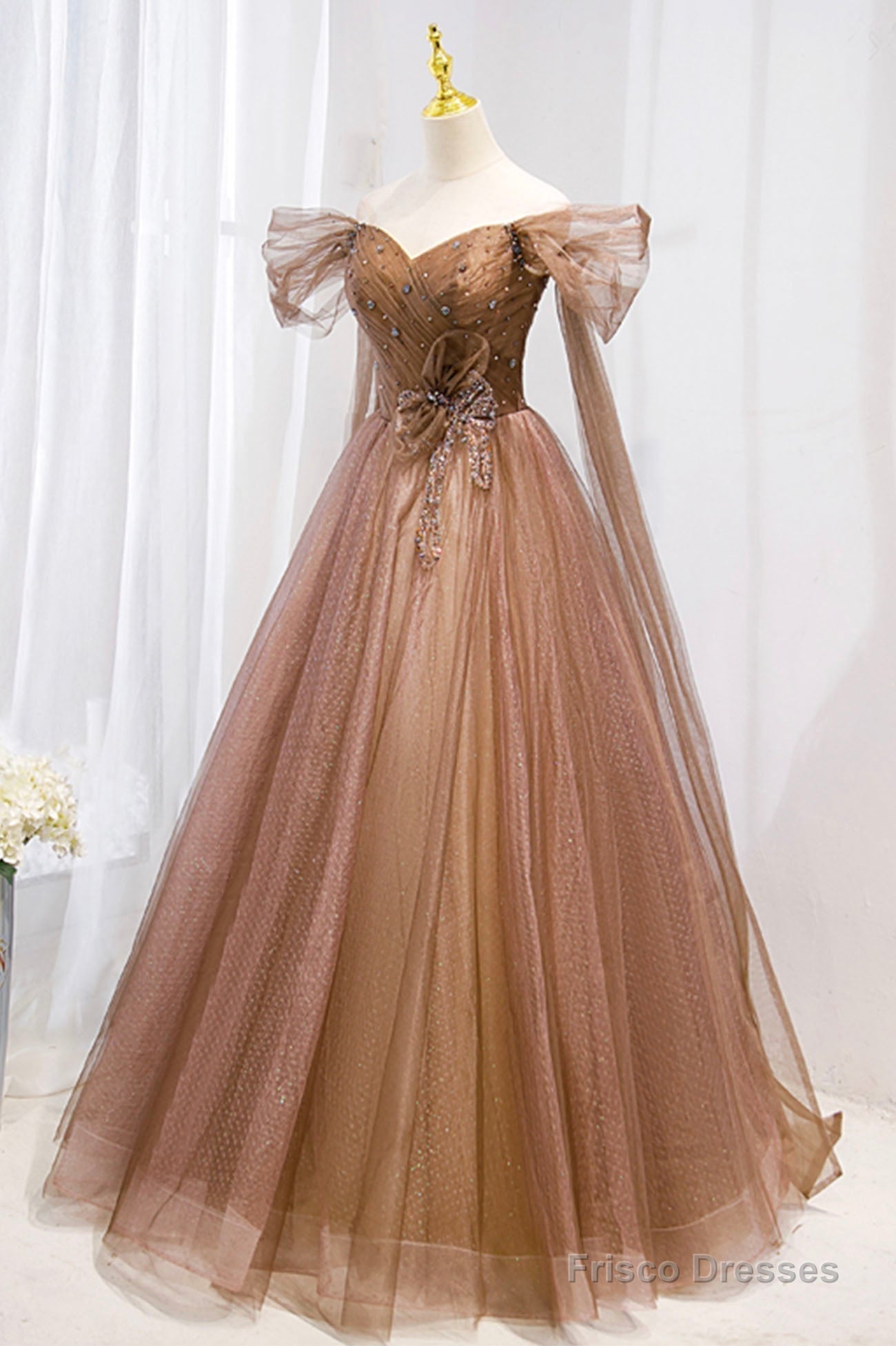 Off the Shouler Long Formal Dresses, A-Line Tulle Formal Evening Dress Secondary image