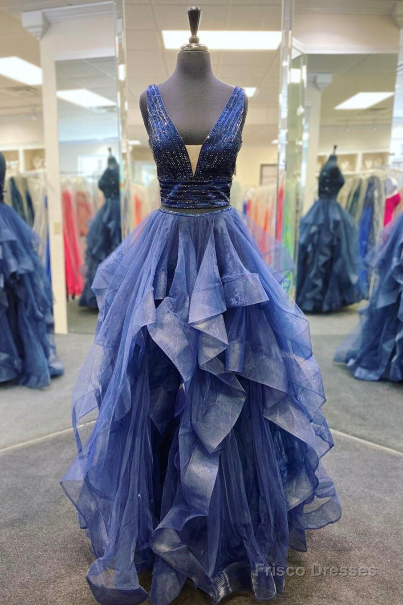 Blue Tulle Beading Long Prom Dresses, A-Line Two Pieces Evening Dresses Main image