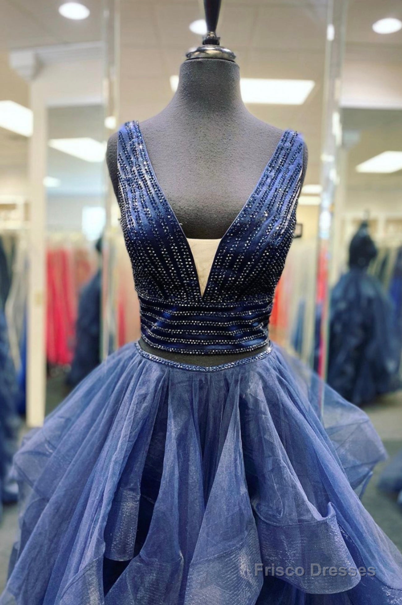 Blue Tulle Beading Long Prom Dresses, A-Line Two Pieces Evening Dresses Secondary image