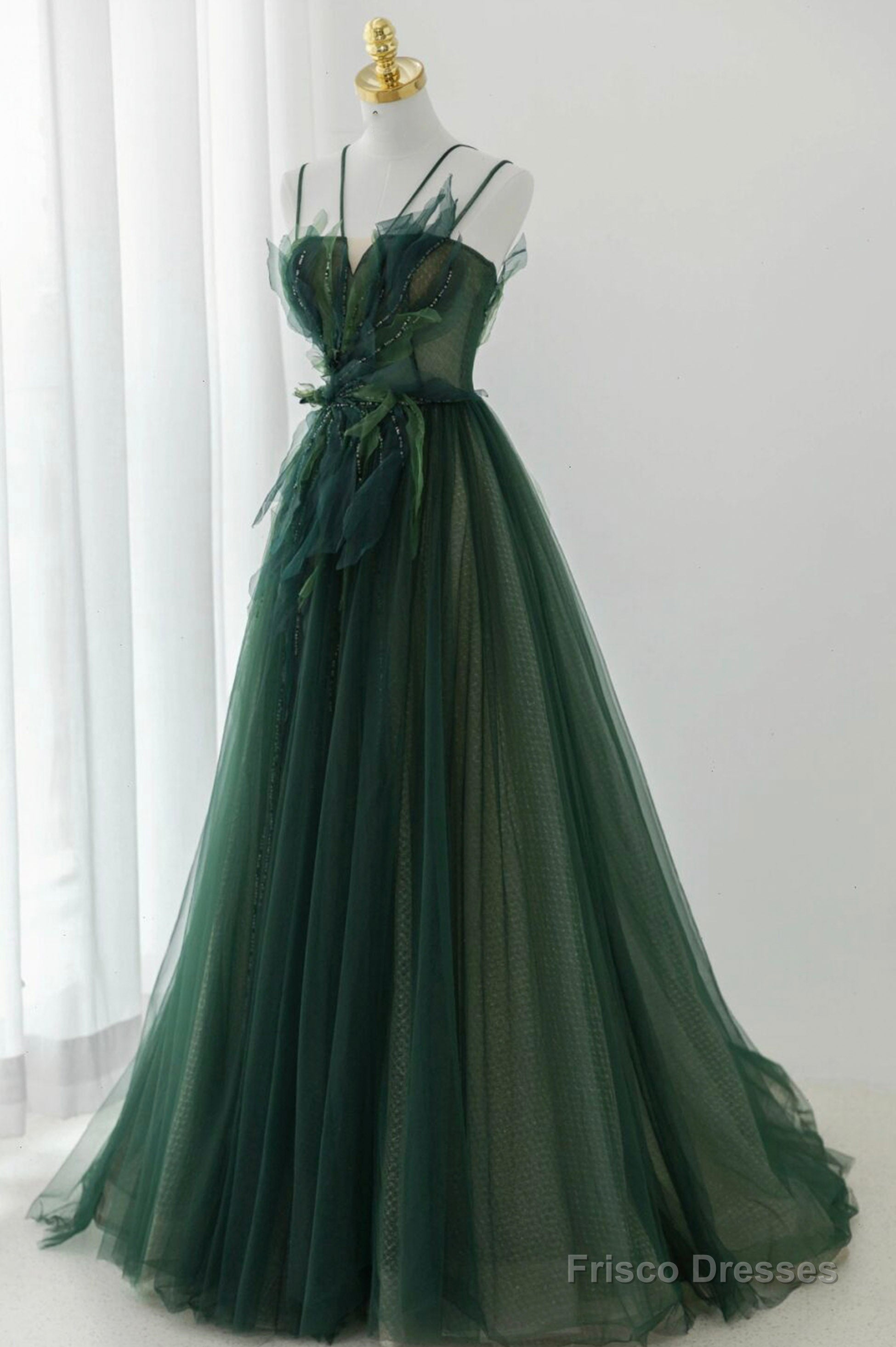 Green Tulle Long A-Line Prom Dress, Green Formal Evening Dress Main image