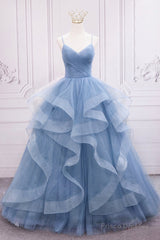 Blue V-Neck Tulle Long Formal Gown, A-Line Blue Evening Dress