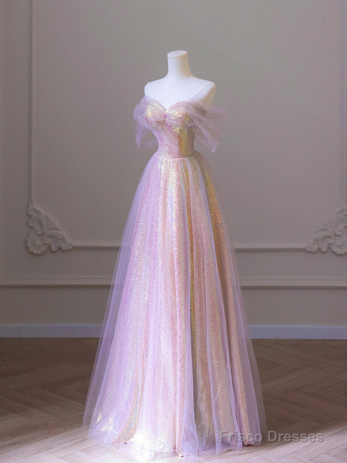 Shiny Tulle Sequins Long Prom Dress, A-Line Off the Shoulder Evening Dress