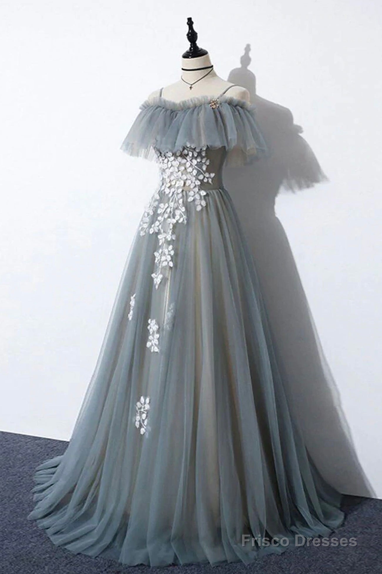 Gray Tulle Lace Long Prom Dress, A-Line Evening Dress Main image