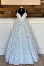 A-Line Sequins Long Prom Dresses, White Formal Evening Dresses
