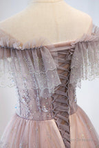 Pink Tulle Beaded Long Formal Dress, Pink V-Neck Prom Dress