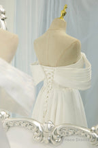 White Satin Long Prom Dress, Off the Shoulder Evening Dress