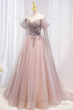 Pink Tulle Beaded Long Prom Dress, Off the Shoulder Evening Dress