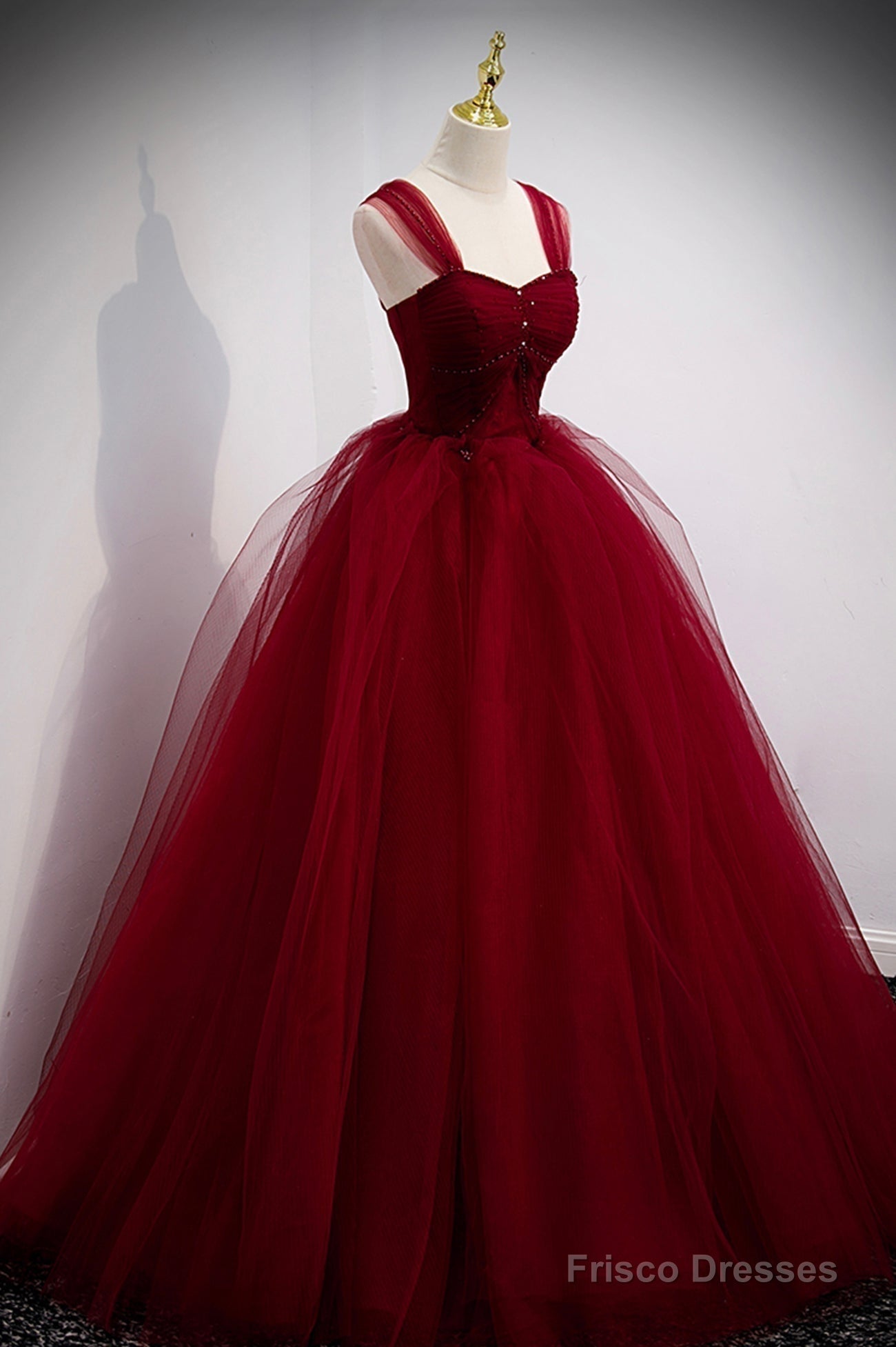 Burgundy Tulle Long A-Line Prom Dress, Burgundy Evening Party Dress Main image