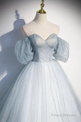 Blue Tulle Long A-Line Prom Dress, Blue Off the Shoulder Evening Dress