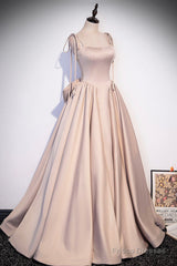 Pink Satin Long Formal Dresses, Graduation Dresses with Bows
