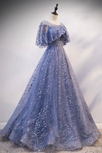 Blue Tulle Sequins Long Prom Dress, A-Line Blue Evening Dress