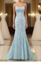 Mermaid Blue Long Formal Prom Dresses Backless Evening Dresses