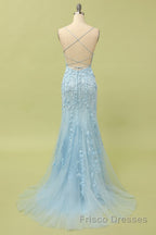 Mermaid Blue Long Formal Prom Dresses Backless Evening Dresses