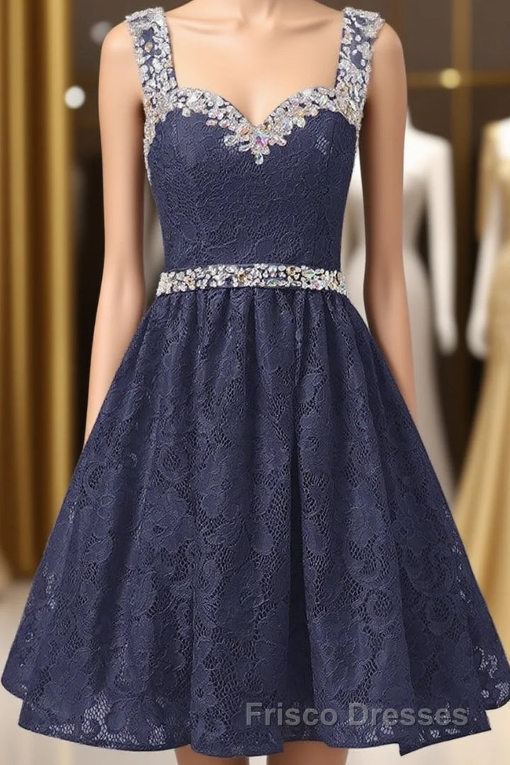 Gorgeous A Line Straps Knee Length Lace With Beading Homecoming Dress Main image