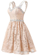 Gorgeous A Line Straps Knee Length Lace With Beading Homecoming Dress