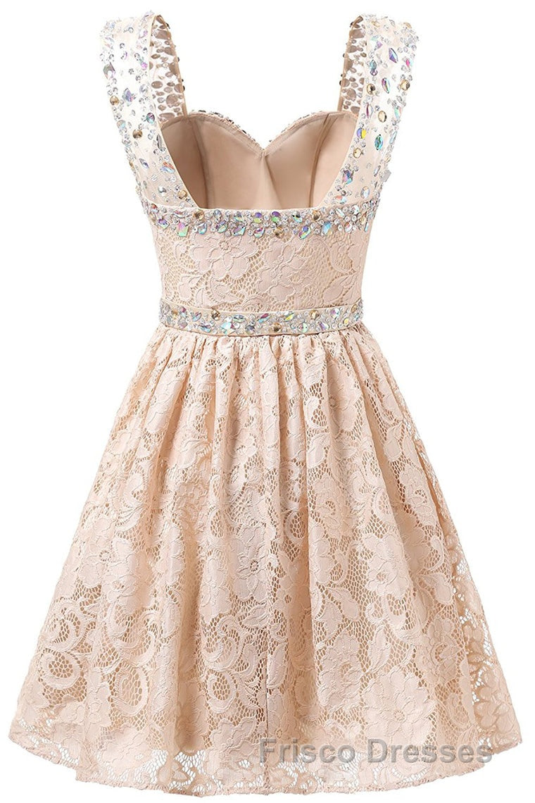 Gorgeous A Line Straps Knee Length Lace With Beading Homecoming Dress Secondary image
