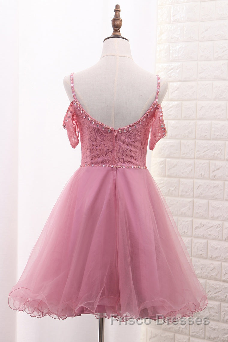 Chic Tulle Lace Spaghetti Strap With Beading Homecoming Dress