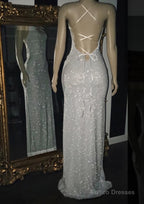 2025 Silver Halter Sequins Prom Dresses