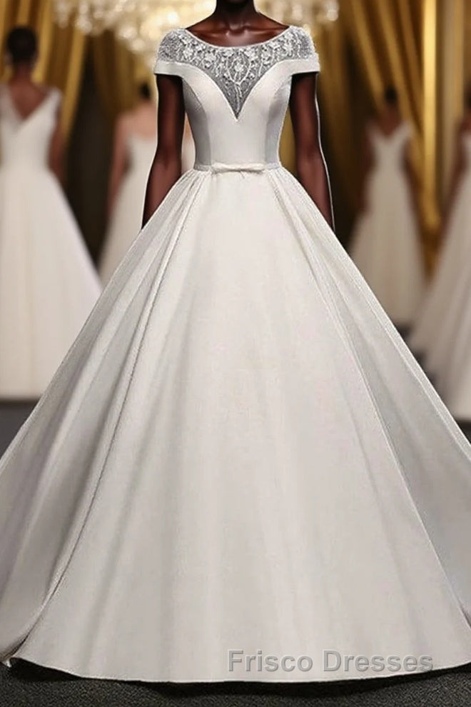 Chic Round Neck Lace Satin Short Sleeves Long Ball Gown Wedding Dress Main image