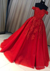 Red Ball Gown Off-the-Shoulder Sleeveless Court Train Tulle Prom Dress With Pleated Appliqued