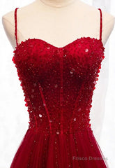 Gemgrace Burgundy Prom Dresses, Long Tulle Formal Dress With Straps