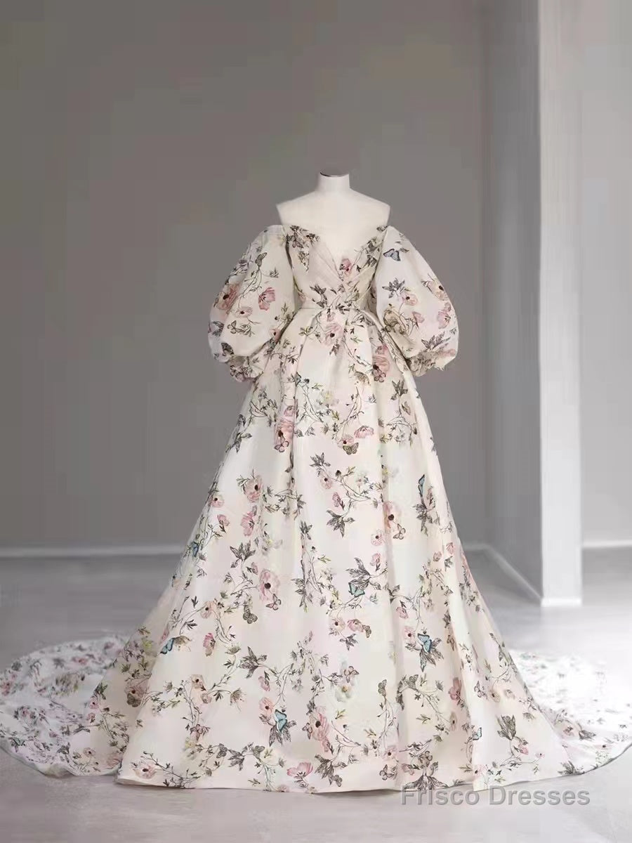 Bubble Sleeves A-line Prom Dresses, Elegant Floral Long Prom Dresses, Popular Wedding Guest Dresses