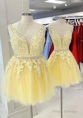 A-line V Neck Sleeveless Lace Tulle Short/Mini Homecoming Dress With Beading Bandage