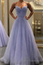Lavender Formal Prom Dress, A-line V Neck Spaghetti Straps Long/Floor-Length Tulle Formal Prom Dress With Beading Sequins