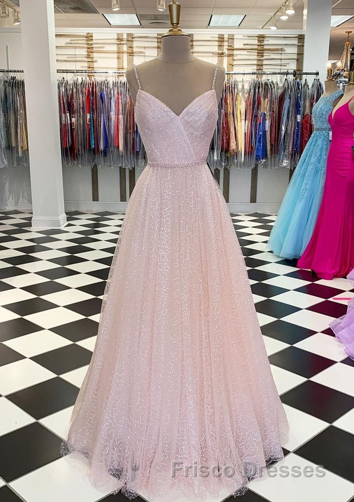 Lavender Formal Prom Dress, A-line V Neck Spaghetti Straps Long/Floor-Length Tulle Formal Prom Dress With Beading Sequins Secondary image