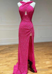 Sheath/Column Halter Sleeveless Court Train Velvet Sequins Prom Dress With Split