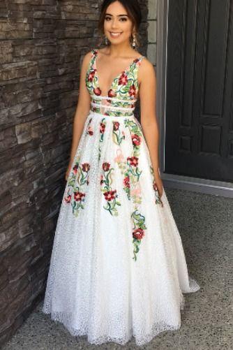 V-Neck Sexy Floral Embroidered Long Prom Dresses