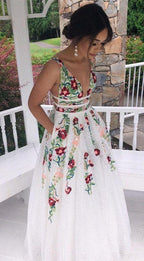 V-Neck Sexy Floral Embroidered Long Prom Dresses