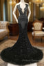 Black Mermaid Formal Prom Dress with Beaeded and Feathers