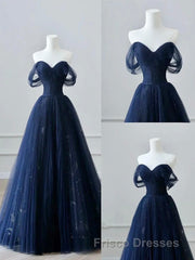 A-Line Off Shoulder Tulle Lace Dark Blue Long Formal Prom Dress, Dark Blue Long Evening Dress