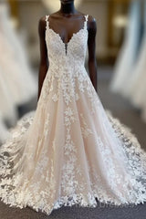 Ivory V-Neck Appliqued Long Wedding Dress