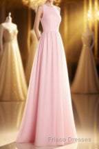 Pink Chiffon Halter Cutout Back A-Line Long Bridesmaid Dress