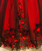 Burgundy Round Neck Tulle Lace Applique Long Formal Prom Dress, Burgundy Evening Dress