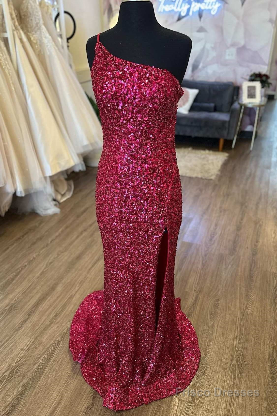 Sequins One-Shoulder Cutout Back Mermaid Long Prom Dress with Slit Main image