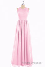 Pink Chiffon Halter Cutout Back A-Line Long Bridesmaid Dress